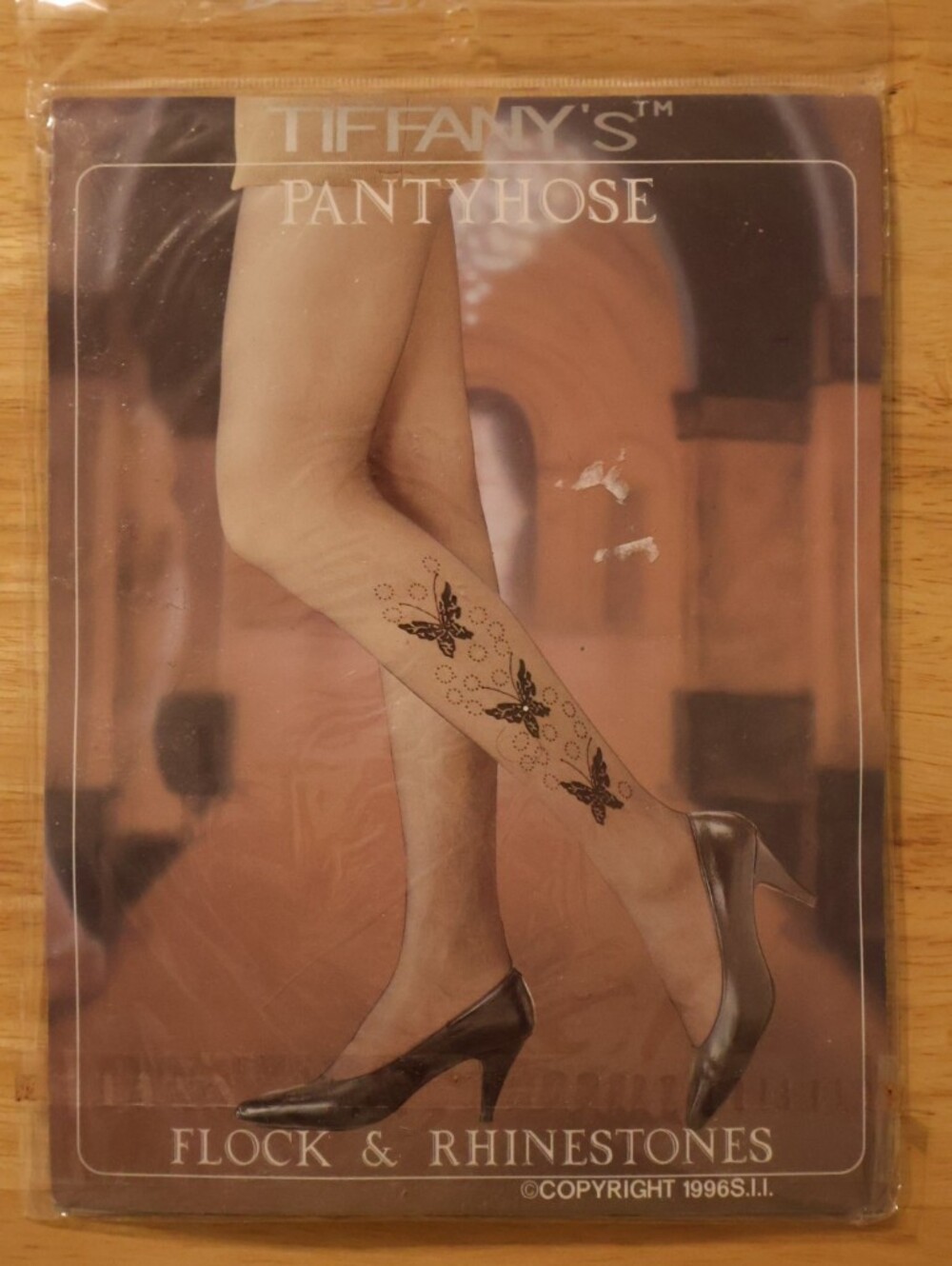 Vintage Tiffany's Flock & Rhinestones Pantyhose With Butterfly Accents. NWT.